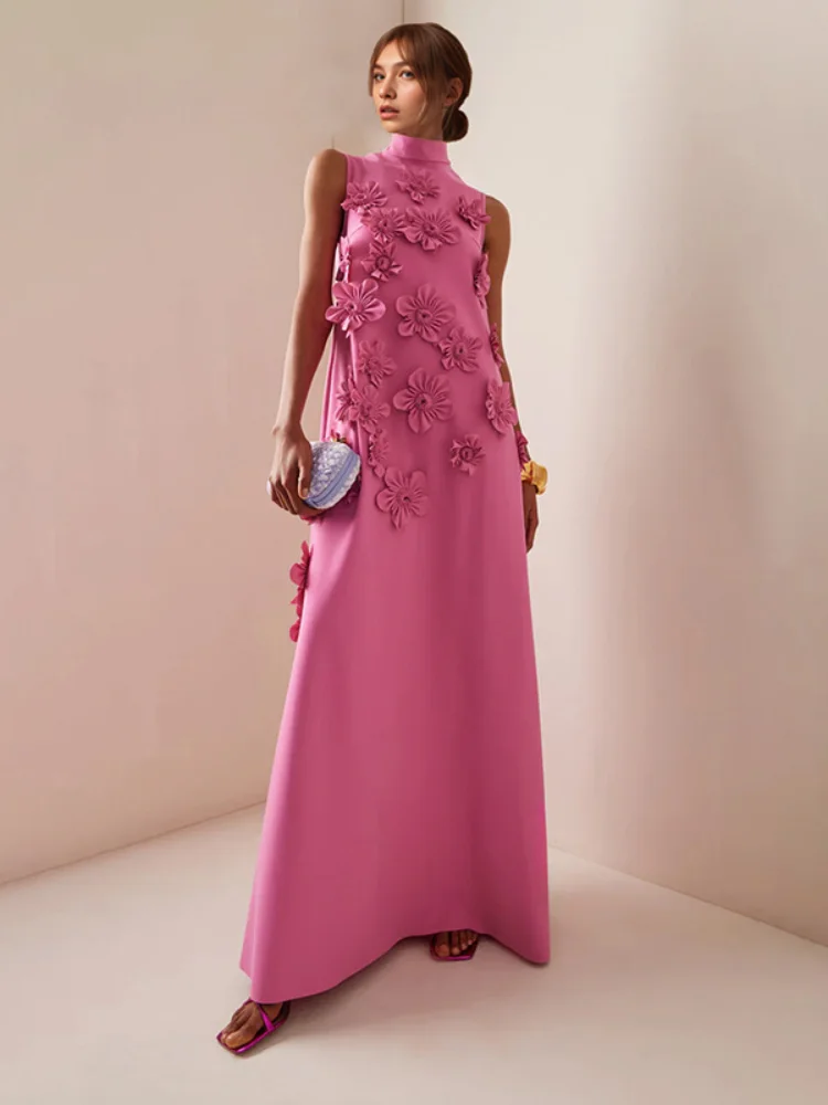 

Elegant Style Stand-Up Collar Sleeveless Solid Color Long Dress 2026 New Model With Three-Dimensional Floral Patchwork Design