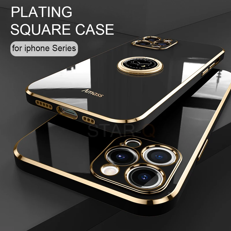 Plating Ring Holder Phone Case On For Iphone 11 12 Pro Max 12pro 11pro 8 7 6 S Plus 10 X Xr Luxury Silicone Stand Cover