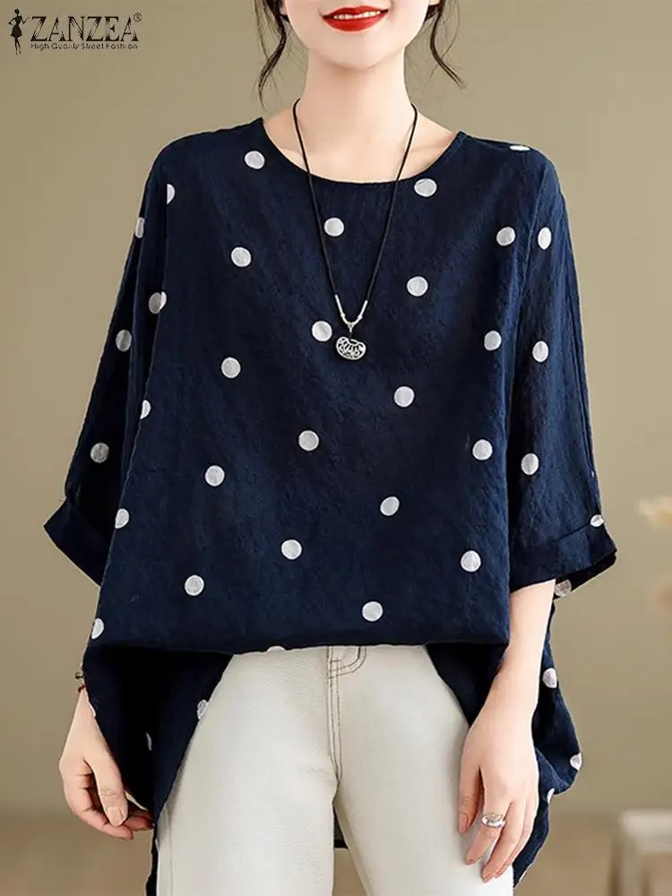 ZANZEA Women Oversiezd Polka Dot Blouse Vintage 3/4 Sleeve Tops Summer Casual Loose Round Neck Tunics 2024 Holiday Female Blusas