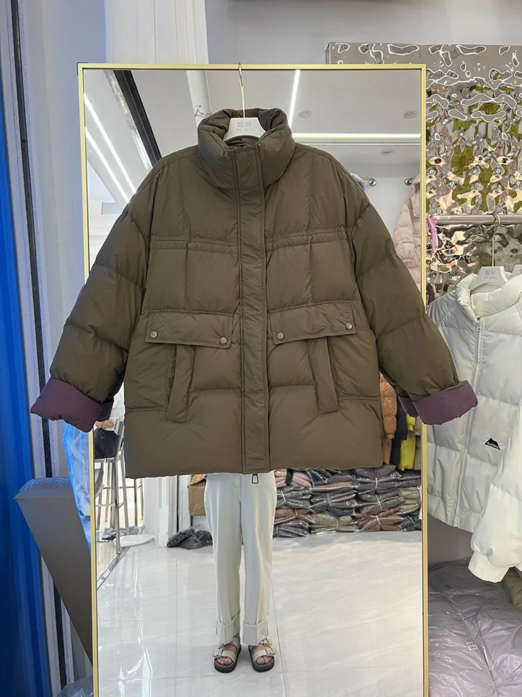 New down jacket women Korean version stand up collar thickened mid length warm loose color blocked white duck down coat