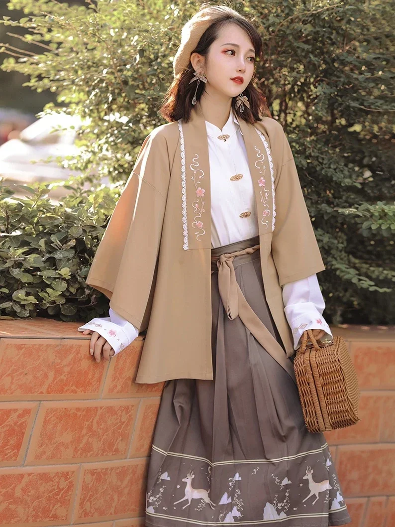 Chinese Traditional Costume Hanfu Modern Style Ming Dynasty Improved Woman Cosplay Fashion Fresh Grace Brown JK Skirt 3PCS Set