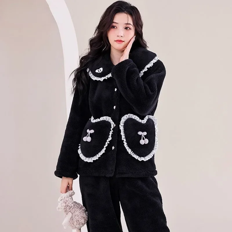 

2024 New Pajama Women's Premium Sense Coral Fleece Thickened Sleepwear Warm Homewear Set Doll Collar Falbala Loose Loungewear