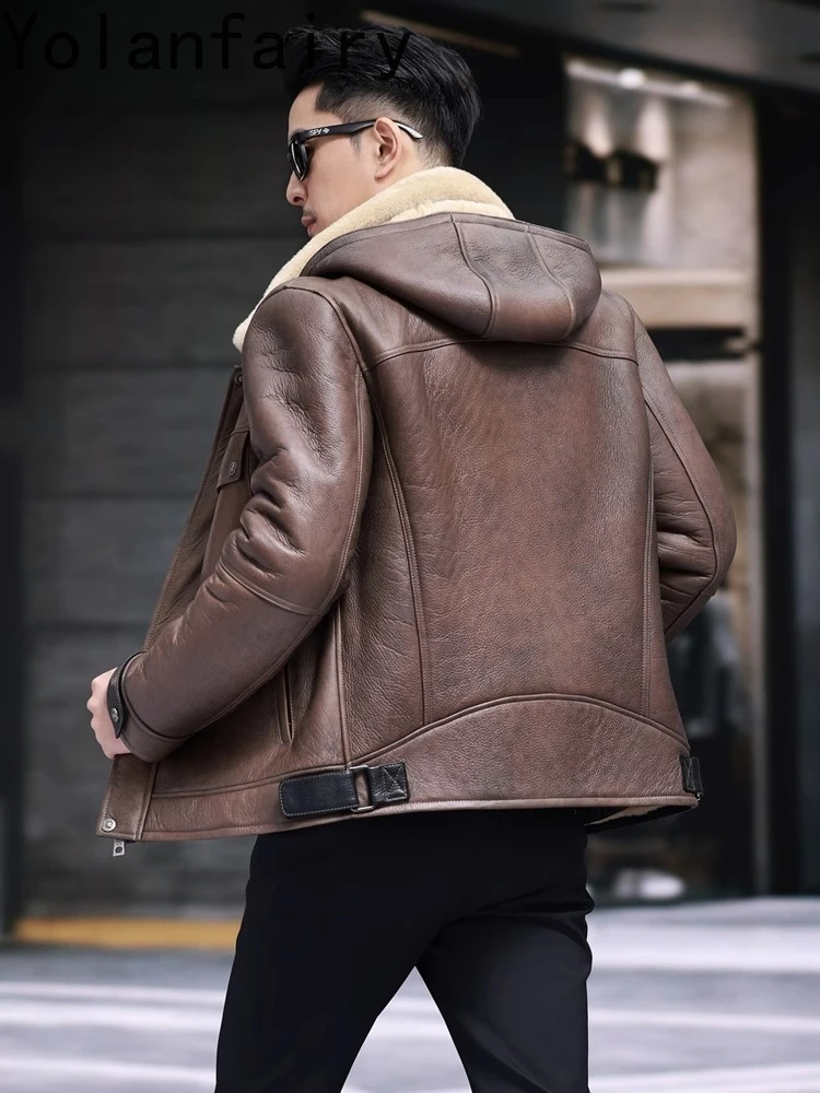 YOLANFAIRY Mantel Bulu Alami Musim Dingin 2025 Mewah Pria Jaket Kulit Domba Asli Pria Jaket Mantel Bulu Wol Hangat dengan Tudung yang Dapat Dilepas