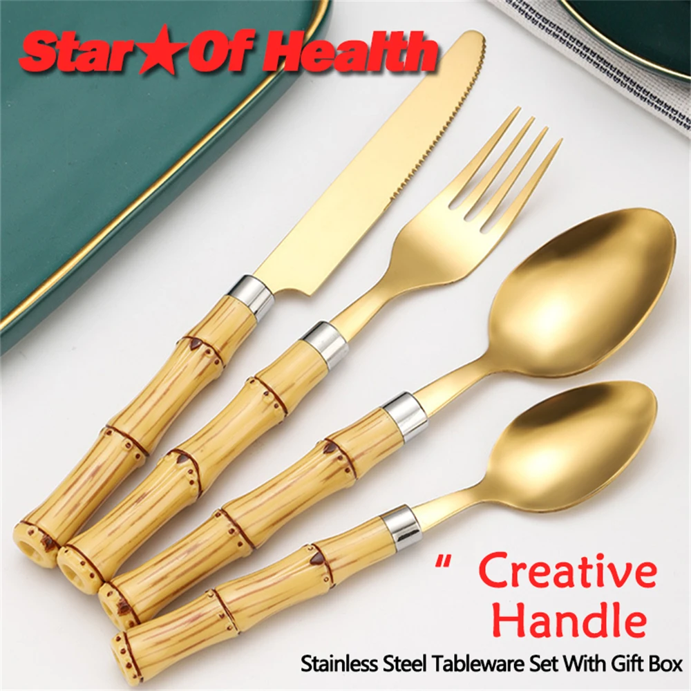 

Stainless Steel Dinnerware Set Gift Box Bamboo Handle Cutlery Set Customized Logo Box Knife Fork Teaspoon Tableware Set Gift Box