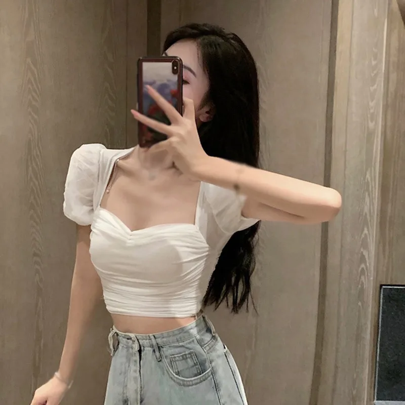 Damen hemden Mesh Puff ärmel plissiert süß einfarbig Slim Fit lässig Frühling Sommer vielseitige Top koreanische Hemden