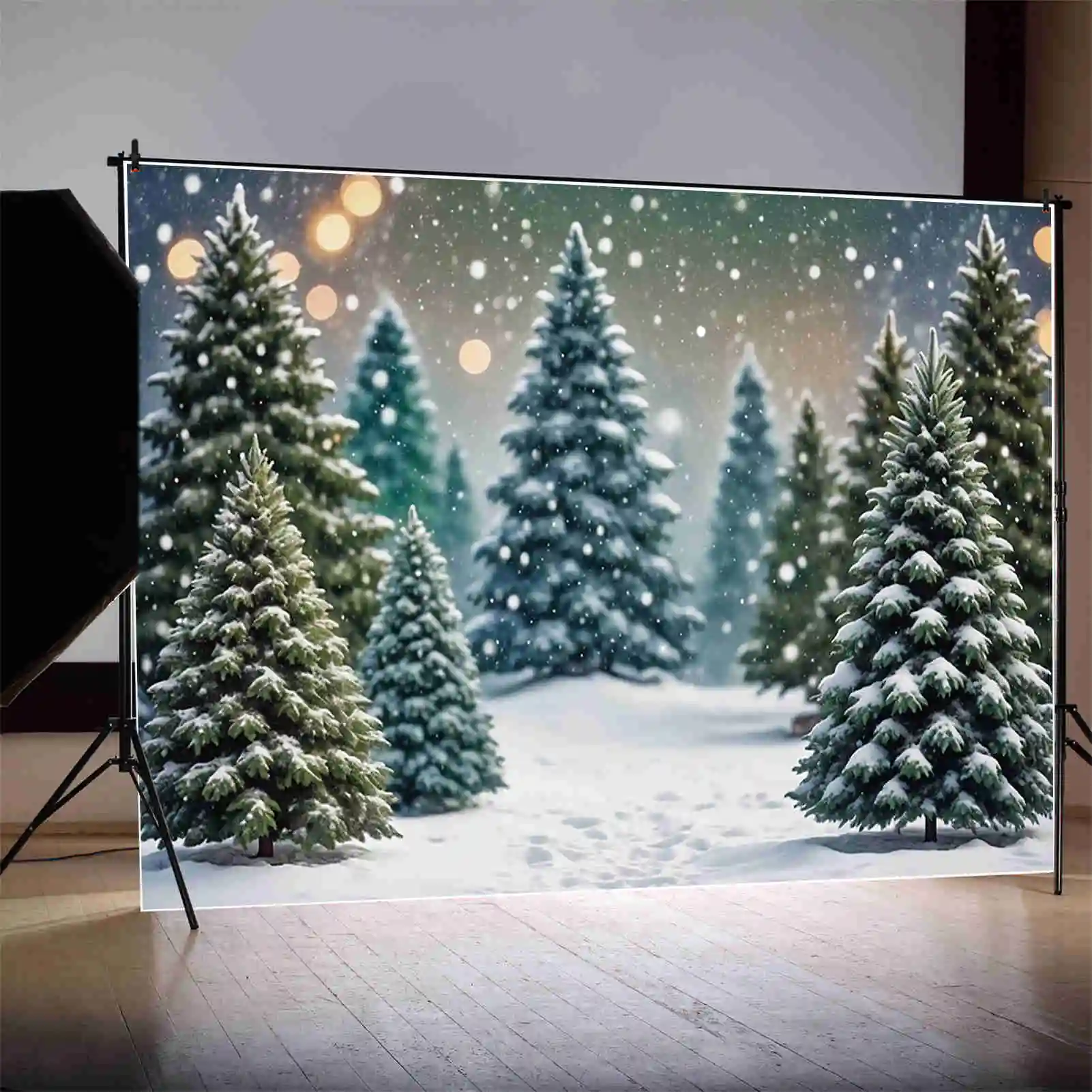 MOON.QG Winter Snow Trees Backdrops Bokeh Children Christmas Outdoor Background Custom Party Decorations Photozone Accessories