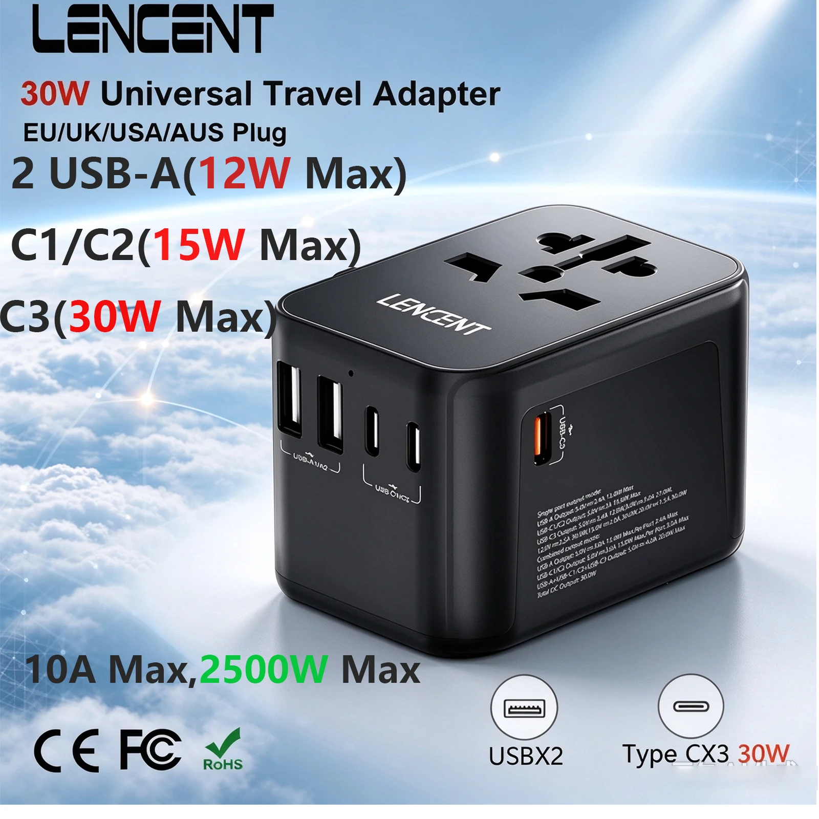 LENCENT Universal Travel Adapter with 2 USB Ports 3 Type C 30W Fast Charging All-in-one Adapter EU/UK/USA/AUS Plug for Travel