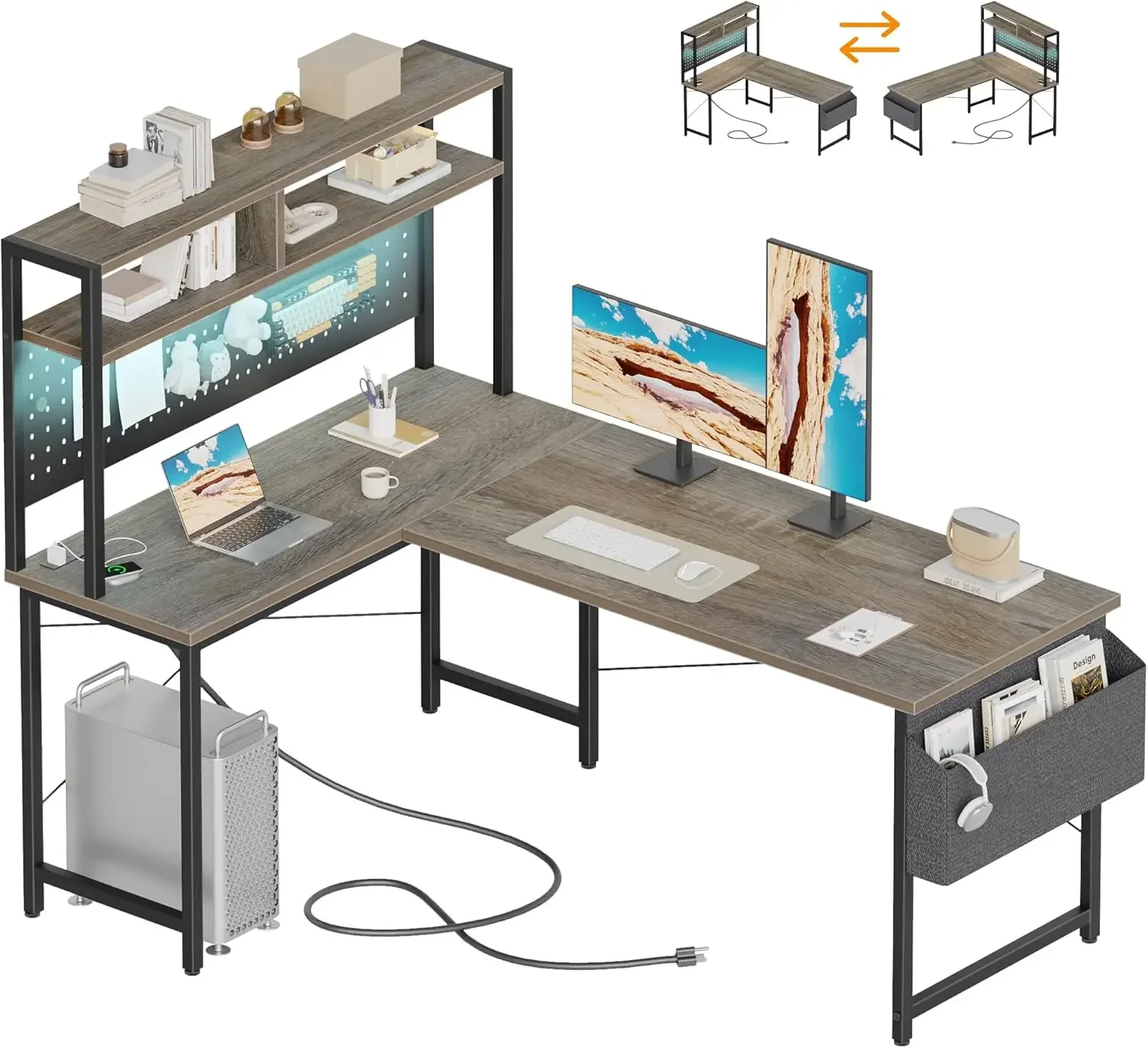 

Large L Shaped Desk With Pegboard Hutch Shelves Corner Gaming Desk Power Outlet Led Light Storage Bag Reversible Computer Desk F