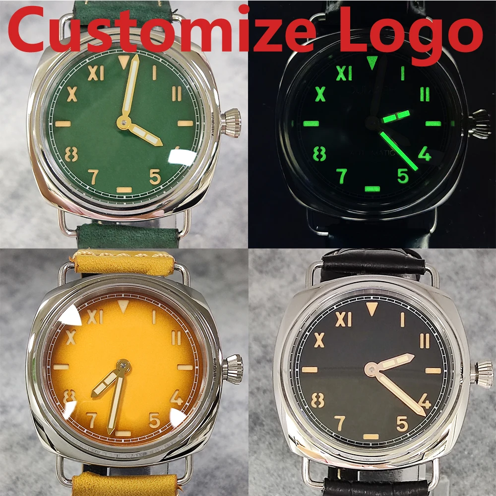 Customize Logo 45mm Men's Manual Mechanical Watch ST3600 Movement Retro Style Luminous Mineral Glass 10ATM Water Resistance