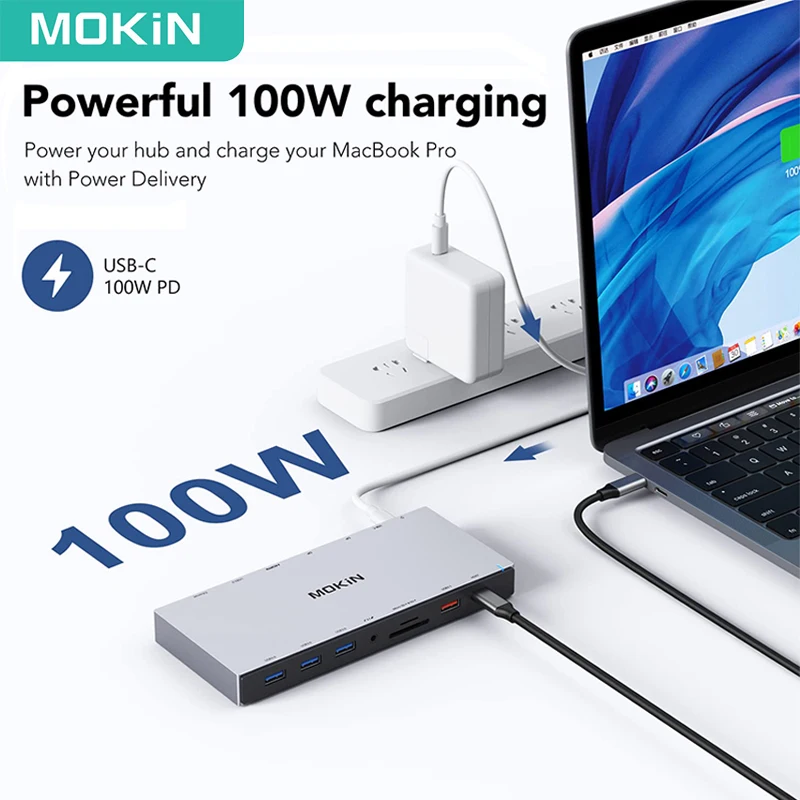 MOKN-USB C Docking Station, 4K, 60Hz, HDMI, DP, USB 3.0, 100WPD, USB-C, 10Gbps, Triple Display, 3 monitores para Windows, MacBook Surface