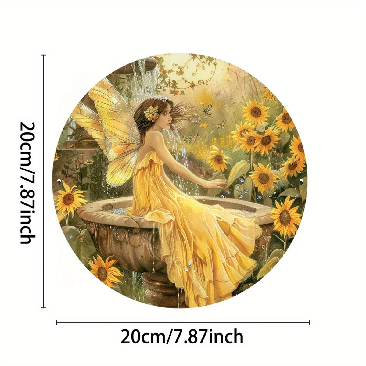 1pc Vintage Fairy and Sunflowers Aluminum Wall Art - Round Metal Sign, Pewter Finish, Indoor/Outdoor Decor for Home, Restaurant,