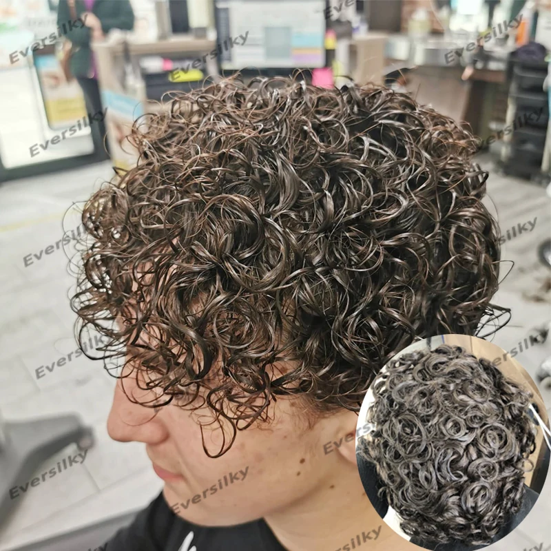 Natural Hairline Men's Toupee Brown Durable Full Pu Base 22mm Curly Human Hair Male Wigs Replacement Capillary Prosthesis System