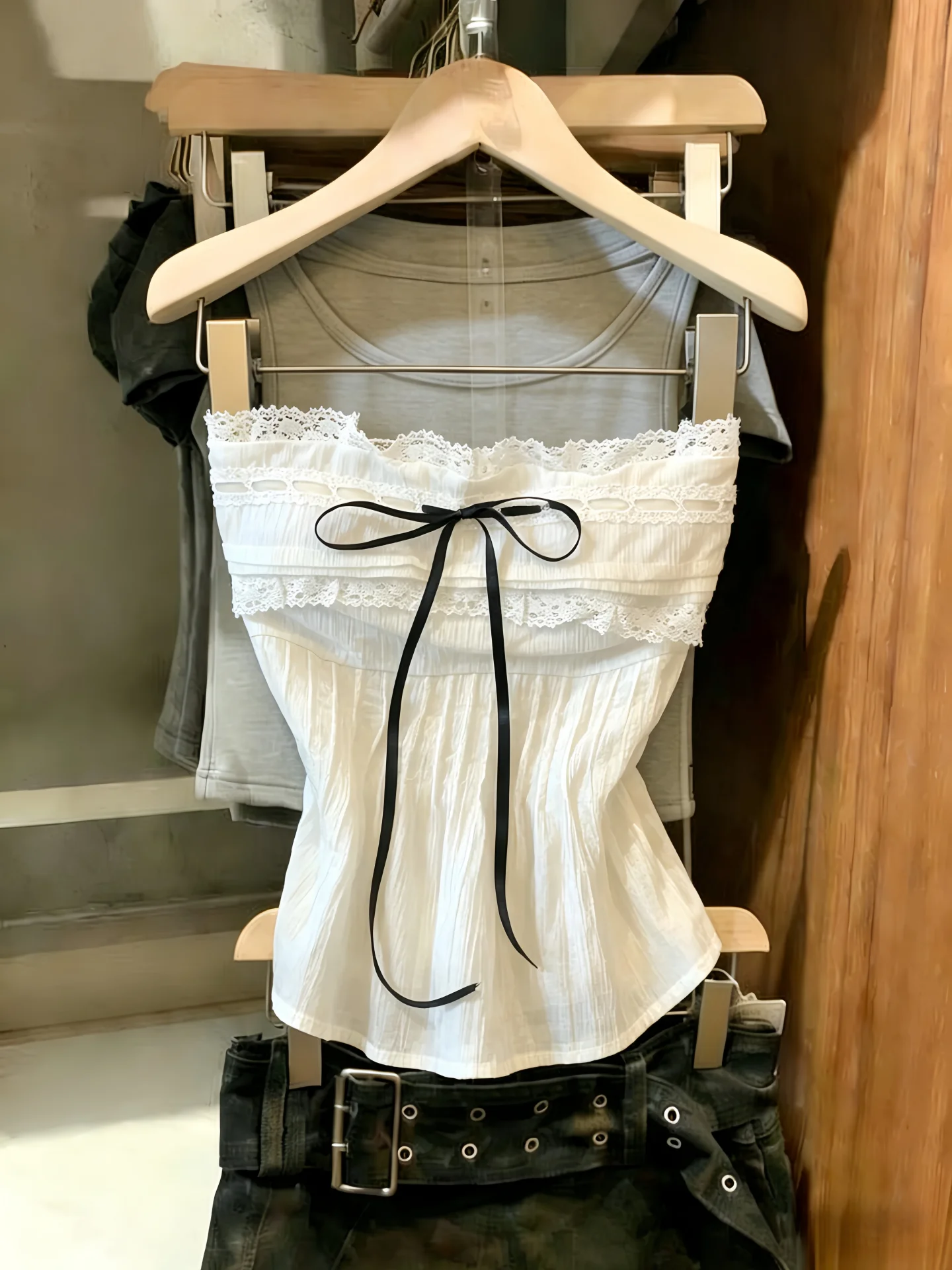 Pure Desire Lace  Knot Tie Women's Summer New Style Top Quality Guangzhou Thirteenth Factory Strapless  Blouse