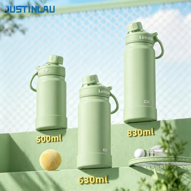 JUSTINLAU Sports Thermos Cup 500/630/830ML Vacuum Flasks 316 Stainless Steel Summer Ice Tumbler with Carrying Loop＆Cap Screwing
