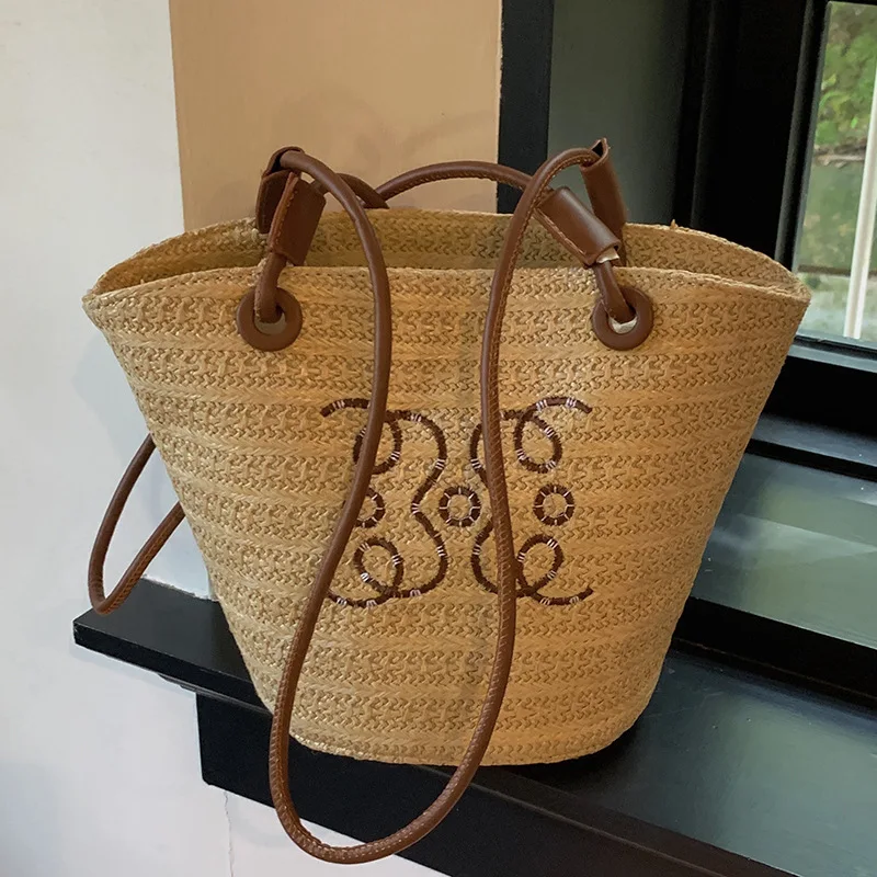 High Quality Straw Bag for Women with Large Capacity, Holiday Summer Beach Bag, One Shoulder Woven Bucket Bag Travelling Bags