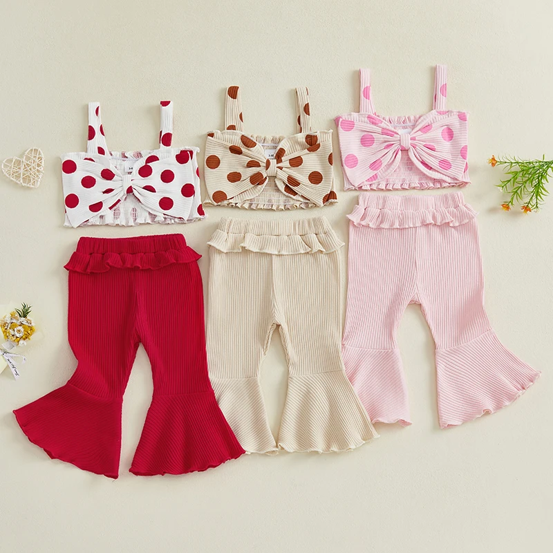 

Tregren Toddler Baby Girl Flare Pants Outfit Cute Bow Dot Sleeveless Cami Tops Solid Elastic Waist Bell Bottoms Summer Clothes