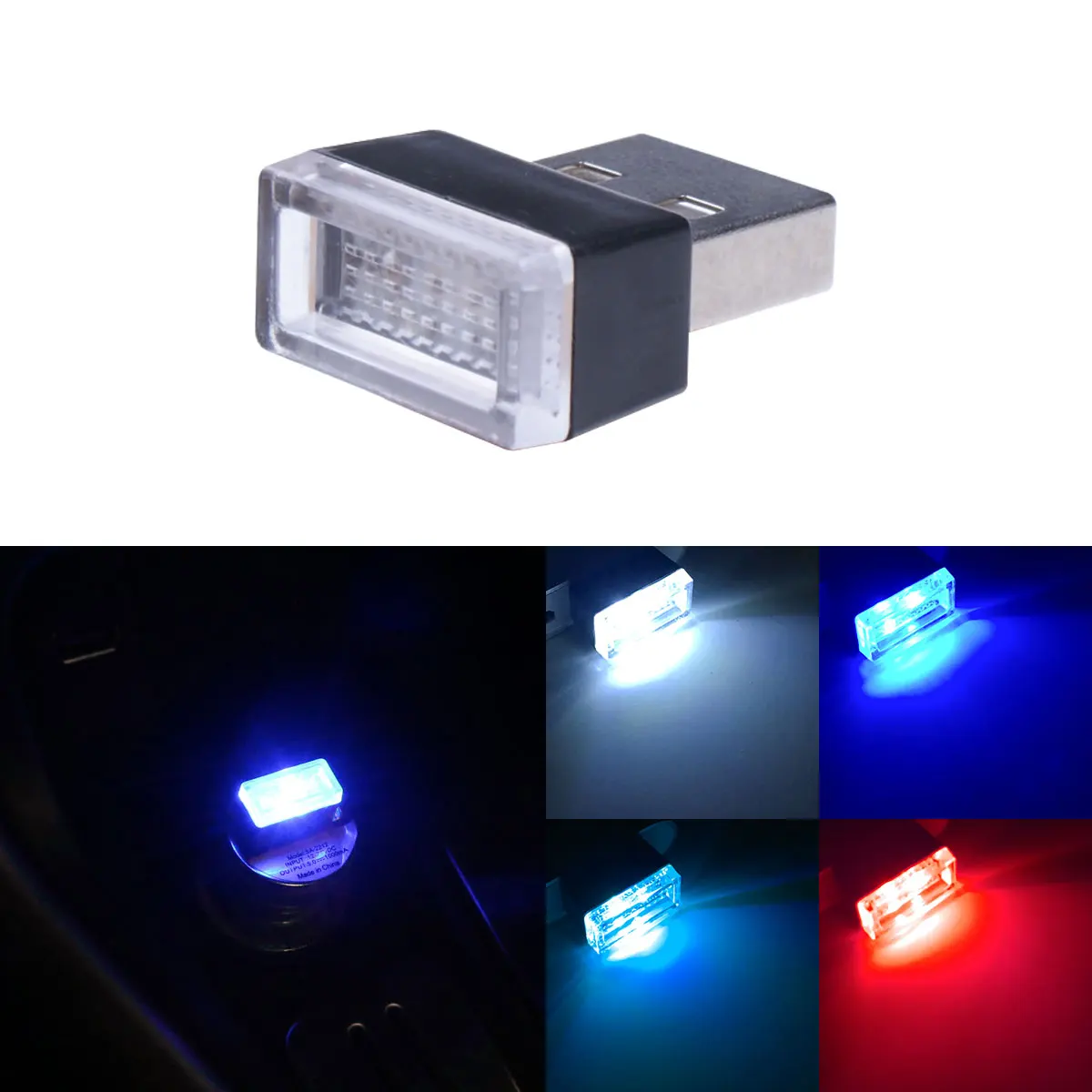 1x Car LED USB Interior Atmosphere Light Acrylic Color Contrast Car USB Atmosphere Night Light Decorative Light White Ice Blue