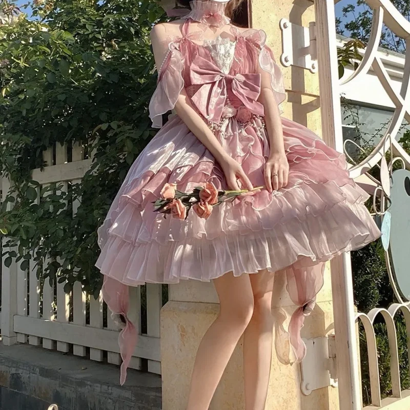 

Vintage Gothic Ruffles Sleeveless Sweet Bow Princess pettiskirt Cross dresser Sissy COS Party Puff Dress Pink Lolita JSK Dress