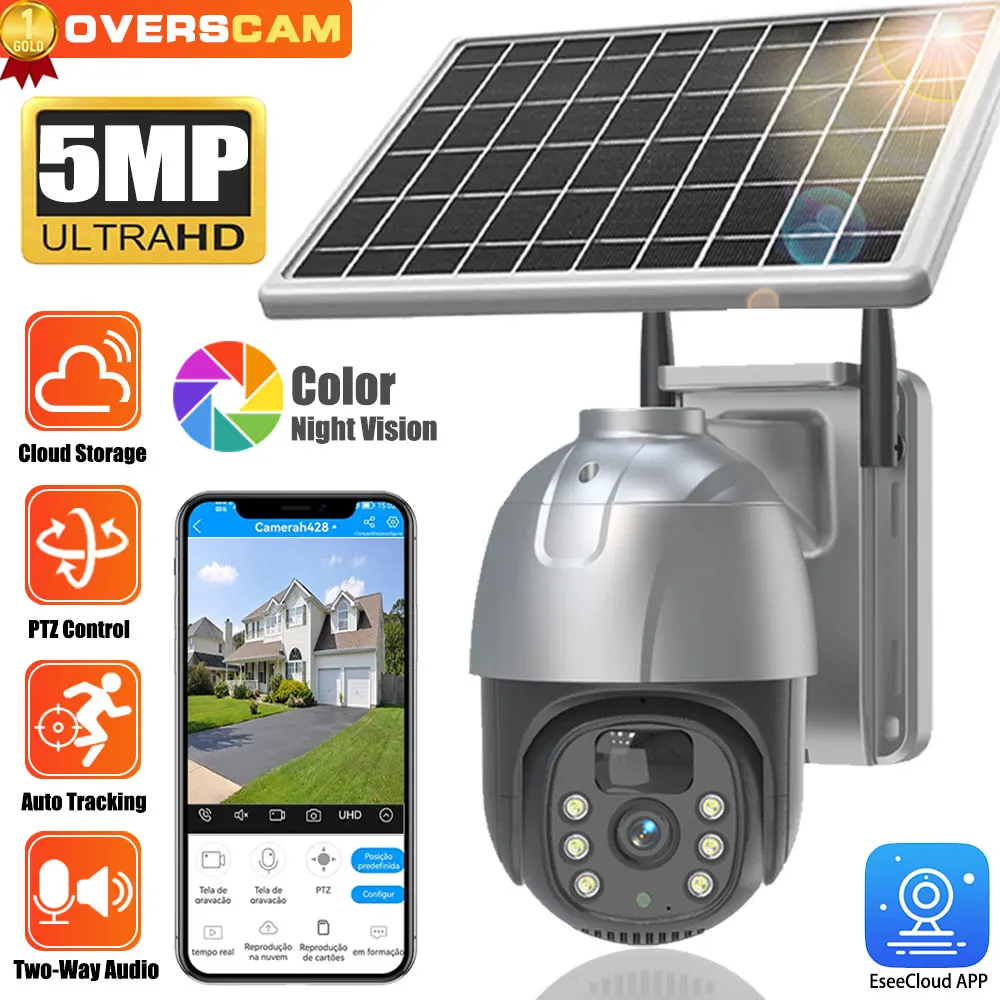 

5MP Smart WiFi/4G Solar Camera Powered Built-in Battery PTZ Security Camera Two Way Audio PIR Detection Wireless Out solar cam