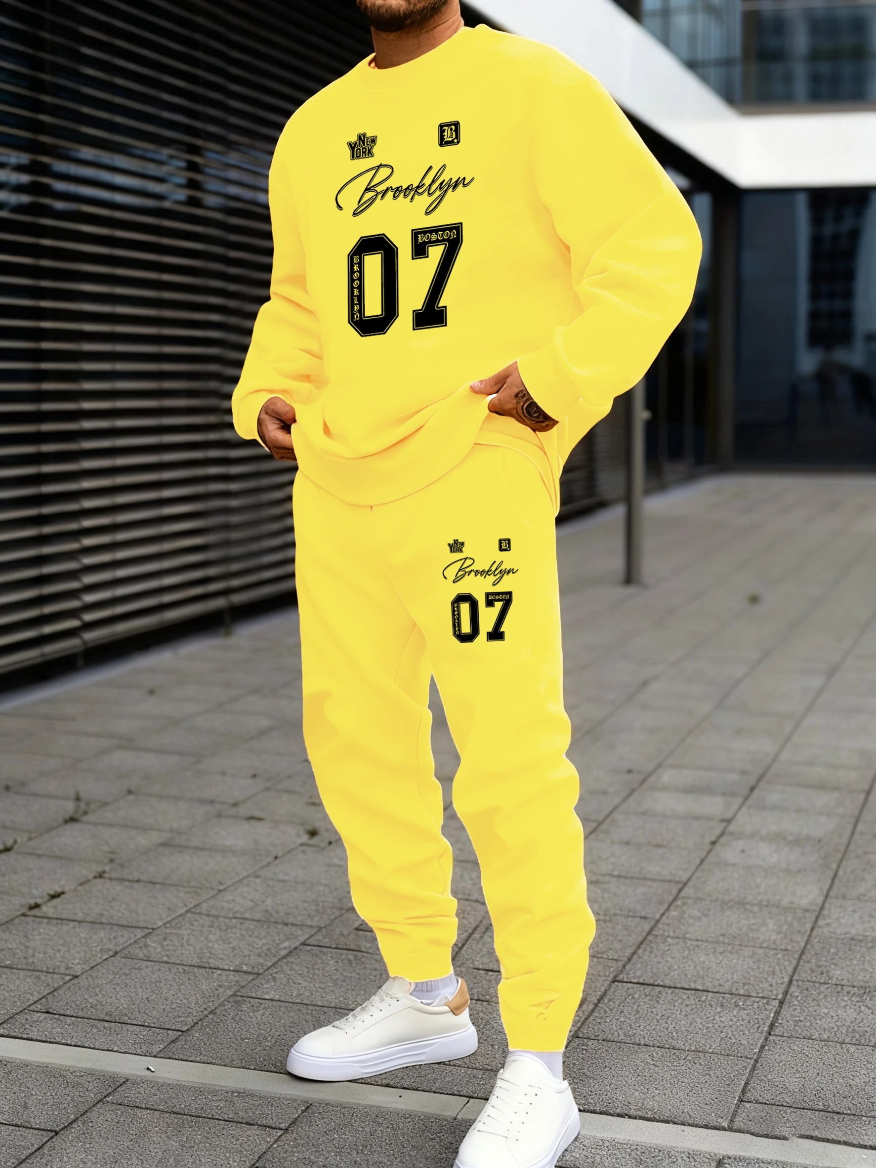 

Brooklyn New York Boston Creative Print Sweatshirts Set Men Soft Autumn Hoody Suits Fleece Drawstring Sweatpants Loose Sport Top