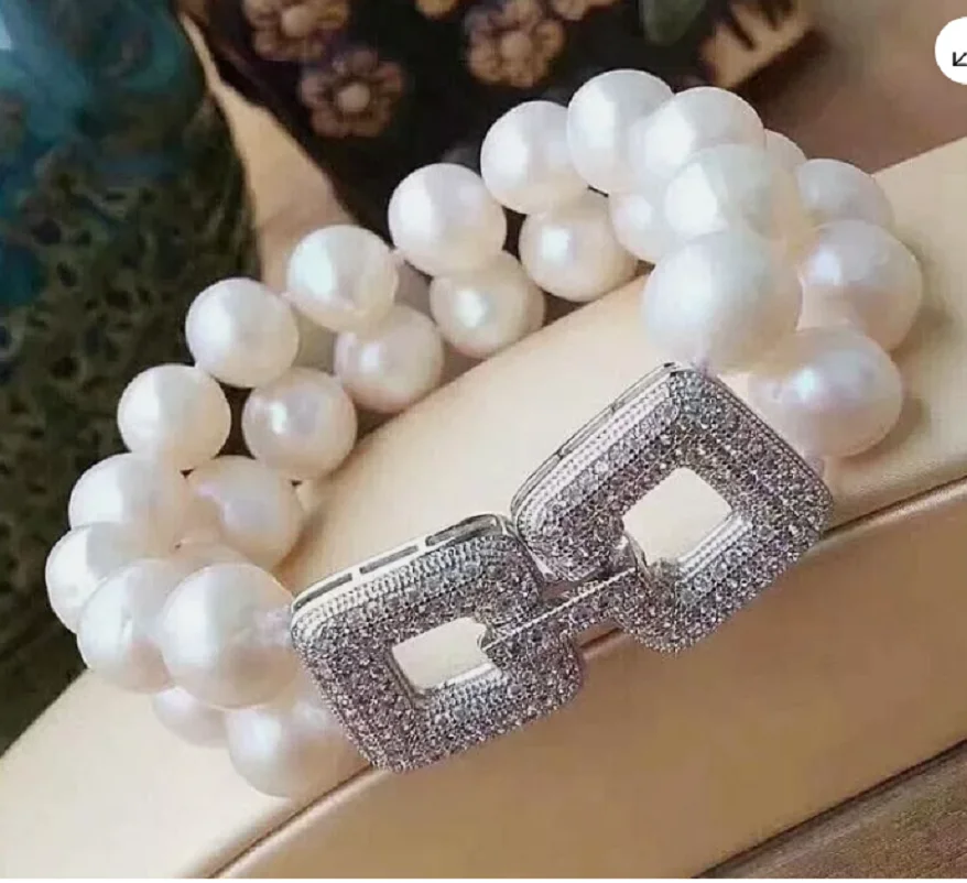 2 ROW AAAAA 11-10mm ROUND SOUTH SEA WHITE PEARL BRACELET7.5-8 INCH 925s