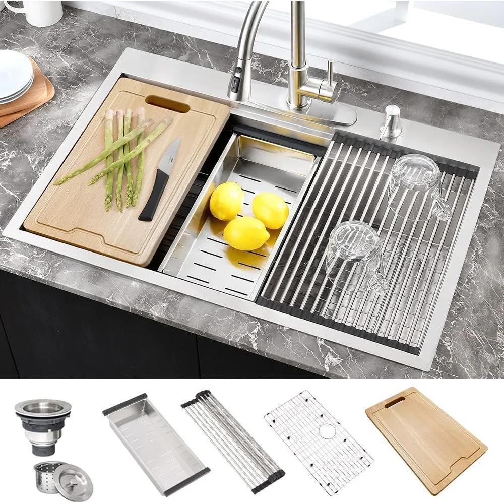 Kitchen Sink Workstation- 33x22 Drop In Topmount Sink Double Ledges Workstation 16 Gauge Stainless Steel