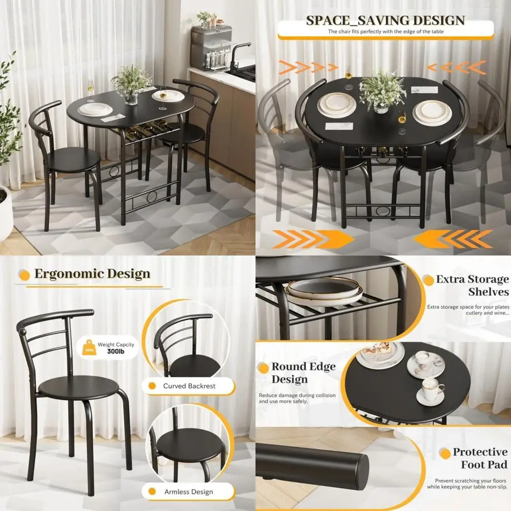 

Wooden 3-Piece Dining Set with 2 Chairs and Round Tabletop for Kitchen Breakfast Nook, Space-Saving Metal Furniture Design