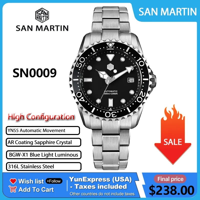 San Martin SN0009 40mm Men Watch Luxury Classic YN55 Automatic Mechanical Diving Watches Sapphire Luminous Waterproof 200m