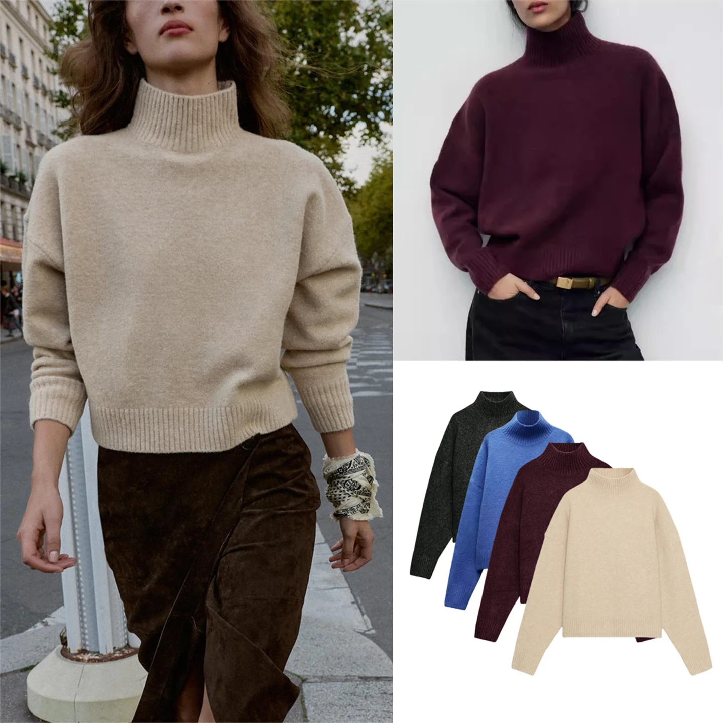 Soft Stand Collar Long Sleeve Flat Knit Sweater American Lazy Style Autumn Winter Women's Fashion Simple Style Slim Fit Knitt...