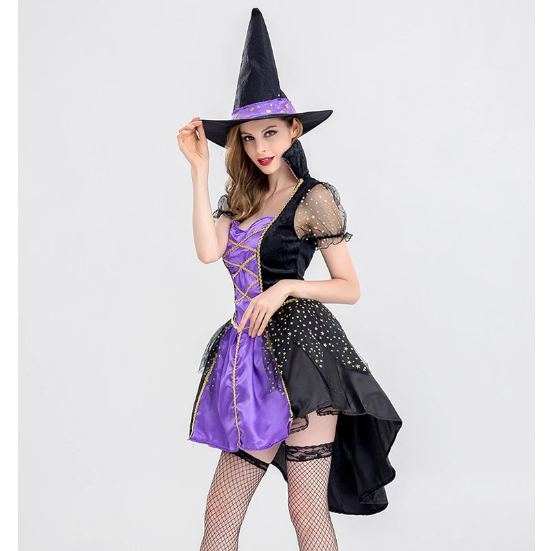 Carnival Halloween Lady Purple Elegant Witch Costume Cute Tuxedo Magic Sorceress Playsuit Cosplay Fancy Party Dress