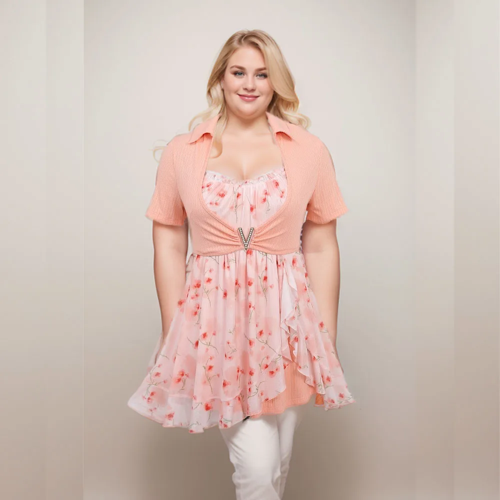 ROSEGAL Plus Size Asymmetrical 2 In 1 Blouse 2024 Women Spring Summer Flower Printed Ruffles Ruched V Buckle Ribbed Textured Top