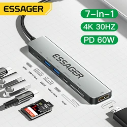 Essager 7 In 1 USB Type C Hub PD60W Fast Charging Splitter Laptop HDMI High Speed Splitter 5Gbps for PC USB 3.2 Gen1 2.0 Ports