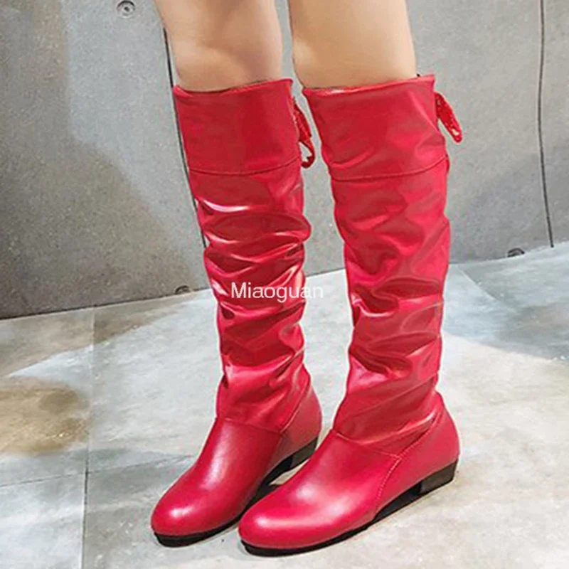 Shoes for Women 2023 Spring Knee High Boot Red Black White Tall Boots Woman Pleated Low Heel Casual Leather Female Long Shoes PU