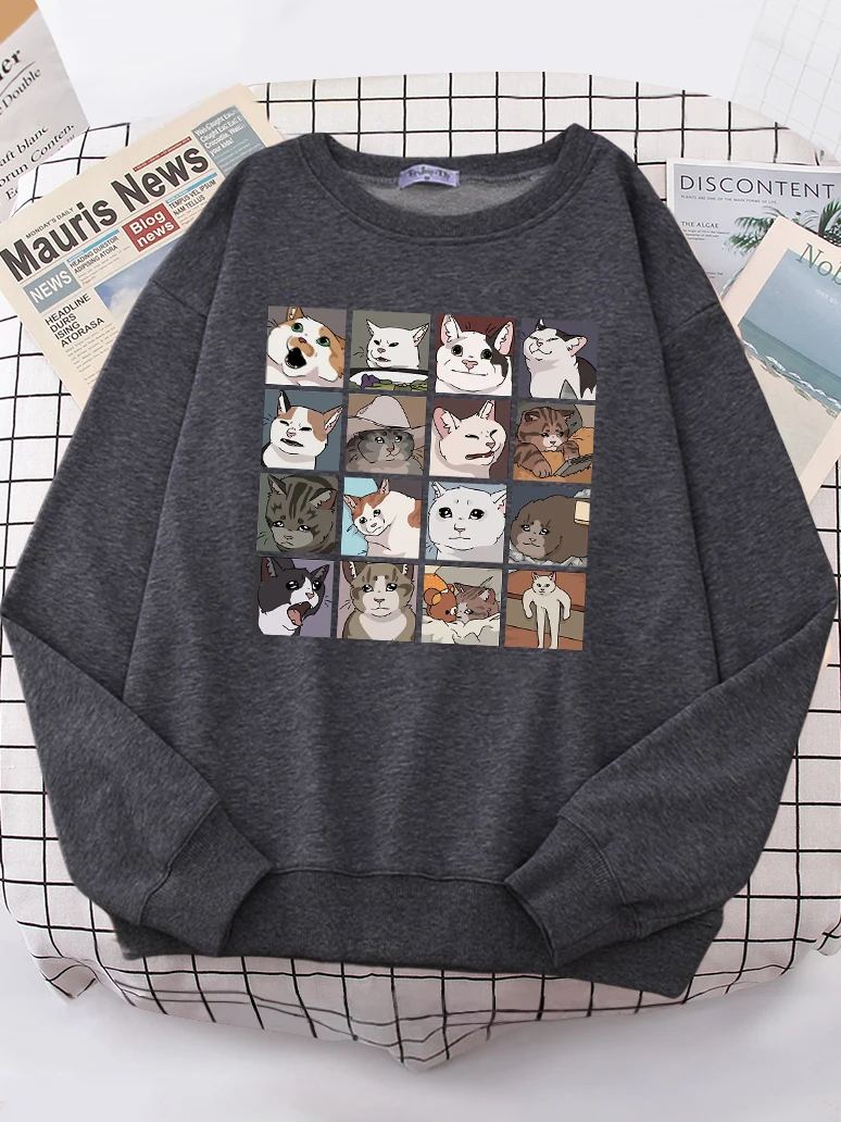 Funny Meme Cats Printing Woman Sweatshirt vintage Oversize Hoody Street Casual Loose Hoodie simple Soft New Tracksuit Female