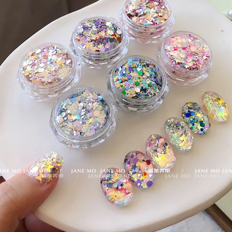 Paillettes glitterate a sirena lucide a 6 colori misti esagono/a forma di stella scaglie robuste paillettes per manicure colorate olografiche 3D P7-TH67W
