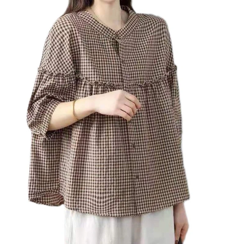 Japanese Sle Loose Large Size Cotton Linen irt Women's Loose Fit Slimming Five Sve ains Cheered Button up Top