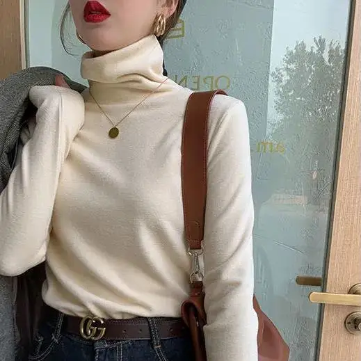 Thickened High Collar Double-Sided Warm German Velvet Long Sleeve Base Shirt Women's Autumn Winter New Style Personality Inne...