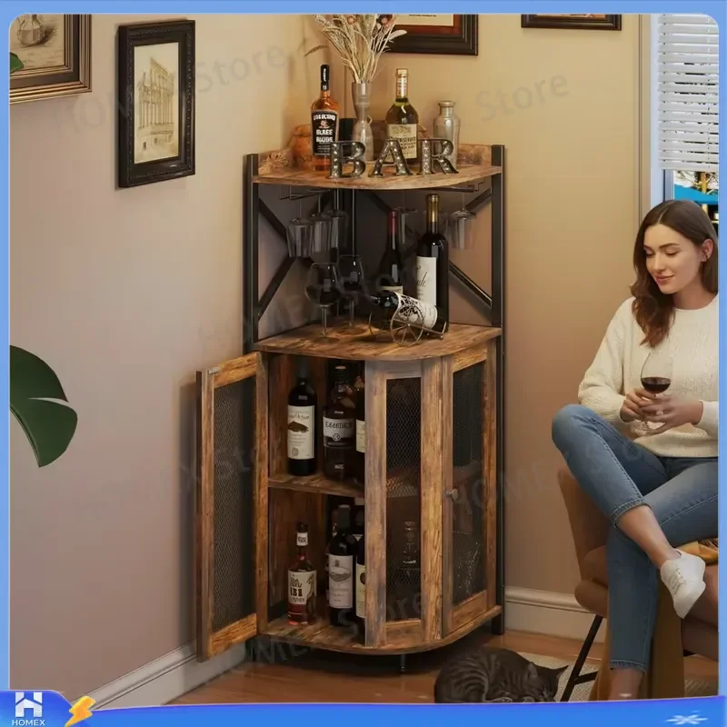 Industrial Corner Bar Cabinet with Glass Holder 4 Tier Wine Rack Storage Unit Mesh Door Mini Bar Furniture for Small Space