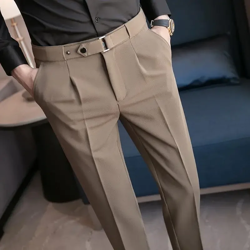 Tressed Trousers for Men Slim Fit White Blue Man Suits Pants Luxury Work Wear Classic Spandex Cheap Korean Style Clothes Formal