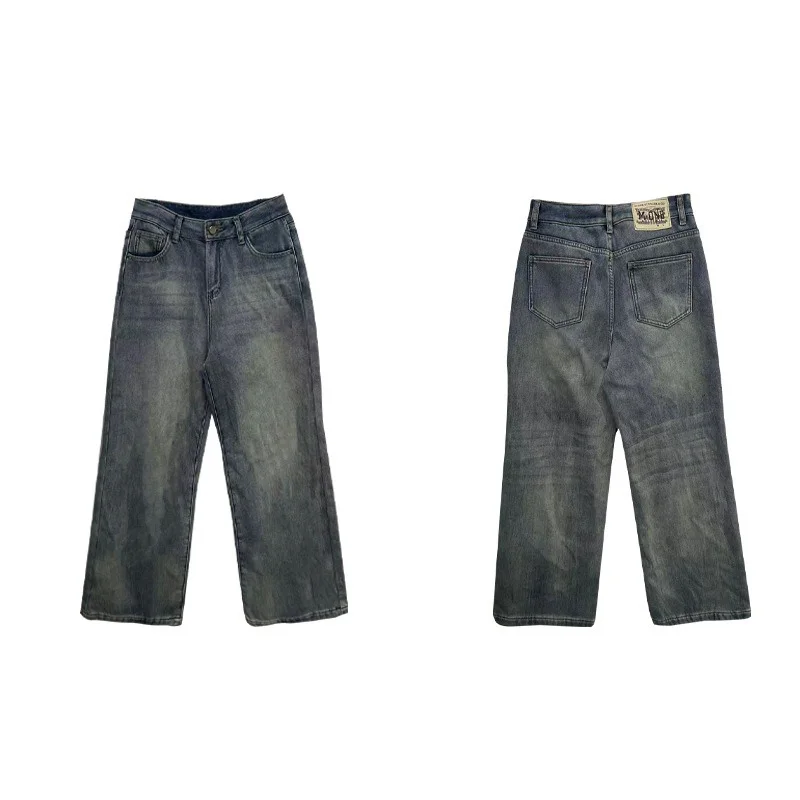 Damskie jeansy Benuynffy High Street Retro z prostymi nogawkami, nowość na jesień i zimę 2025, ocieplane grubym polarem, szerokie nogawki w stylu lat 2000, luźne spodnie.