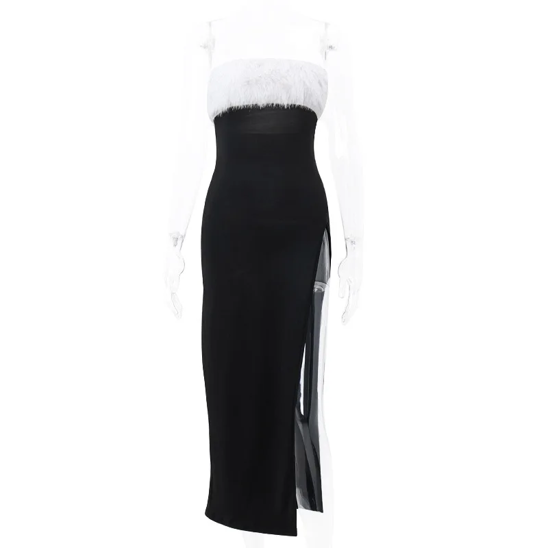 Elegant Women's Long Dress Sexy Strapless Slit Bodycon Fur Patchwork Skinny Slim Maxi Dresses Evening Clubwear Vestidos Платье