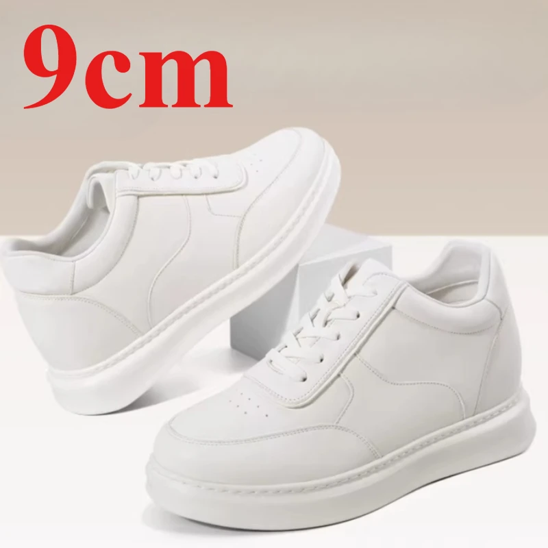 Genuine Leather Height Increasing Shoes for Men's 9cm Elevator Sports Casual Sneakers Outdoor Breathable Lightweight Board Shoes