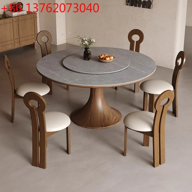 

Medieval small waist all solid wood round dining table with turntable household walnut dining table