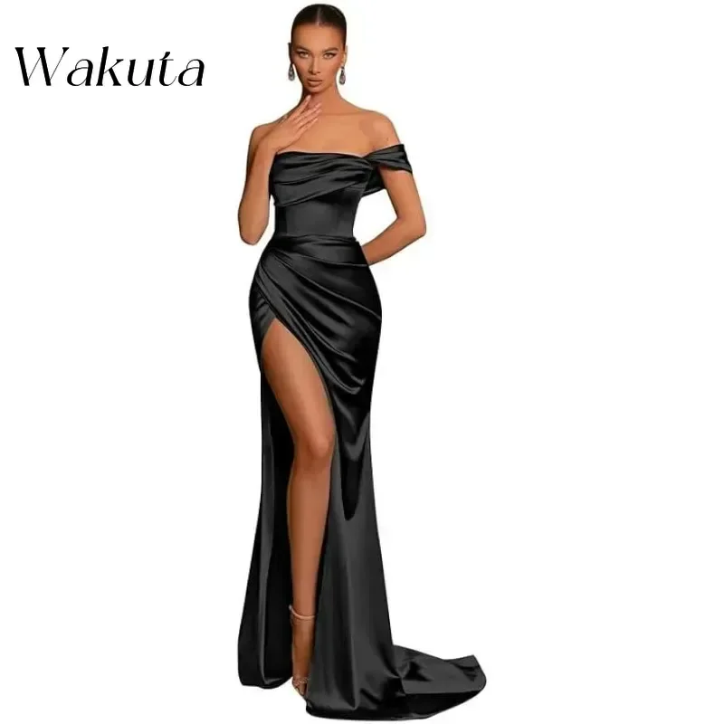 Wakuta Mode One Shoulder Meerjungfrau Brautjungfer Kleid mit Schlitz Satin Maxi Prom formelle Abendkleid Vestidos de Fiesta für Frauen