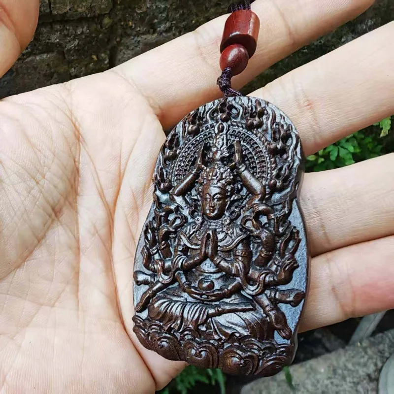 Hand-Carved Premium Wood Buddhist Cundi Bodhisattva Pendant - 2.4