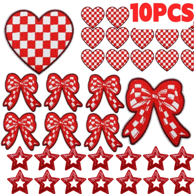 10PCS A Set of Red Element Game Day Embroidery Patches Cheerleader Lightning Love Star Bow Iron on For DIY Clothes Decoration