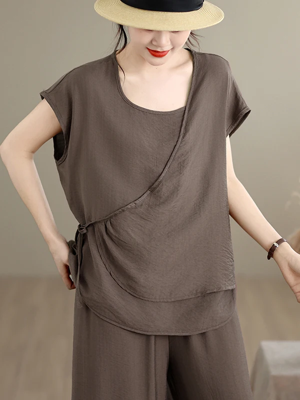 

Fashionable Loose Cotton Linen T-Shirt And Wide Leg Pants Set plus Size Summer New Arrival Women's Comfortable Breathable Ens...