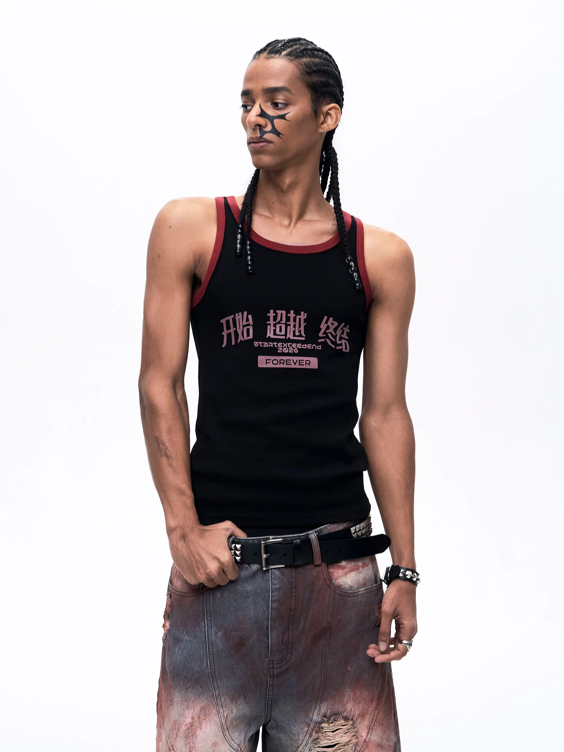 Black Slim Fit Cotton Printed Vest for Men Summer New Street Subculture Youth Casual Breathable round Neck Short Sleeve Top