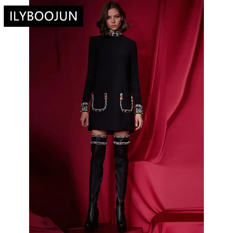

Colored Beading Dress Black White Set Diamond Colored Gemstone Long Sleeve Fashion Party for Women Wedding Birthday Mini Dress