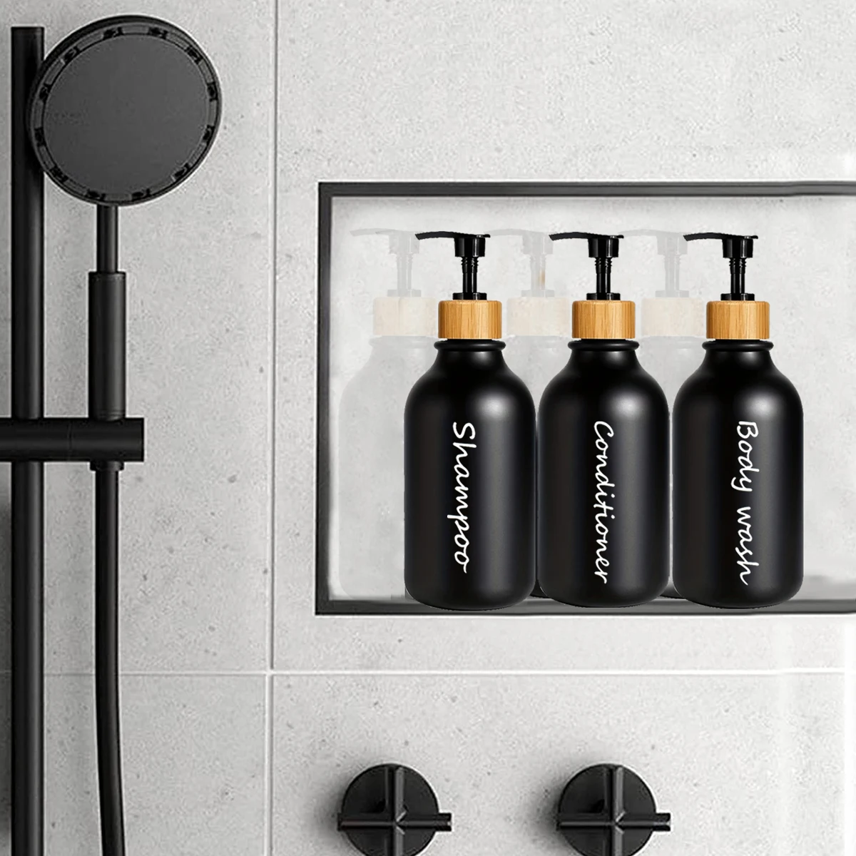 500ml Matte Black Shampoo Conditioner Bottles 3 Pack Refillable Bamboo Pump Shampoo Shower Dispenser